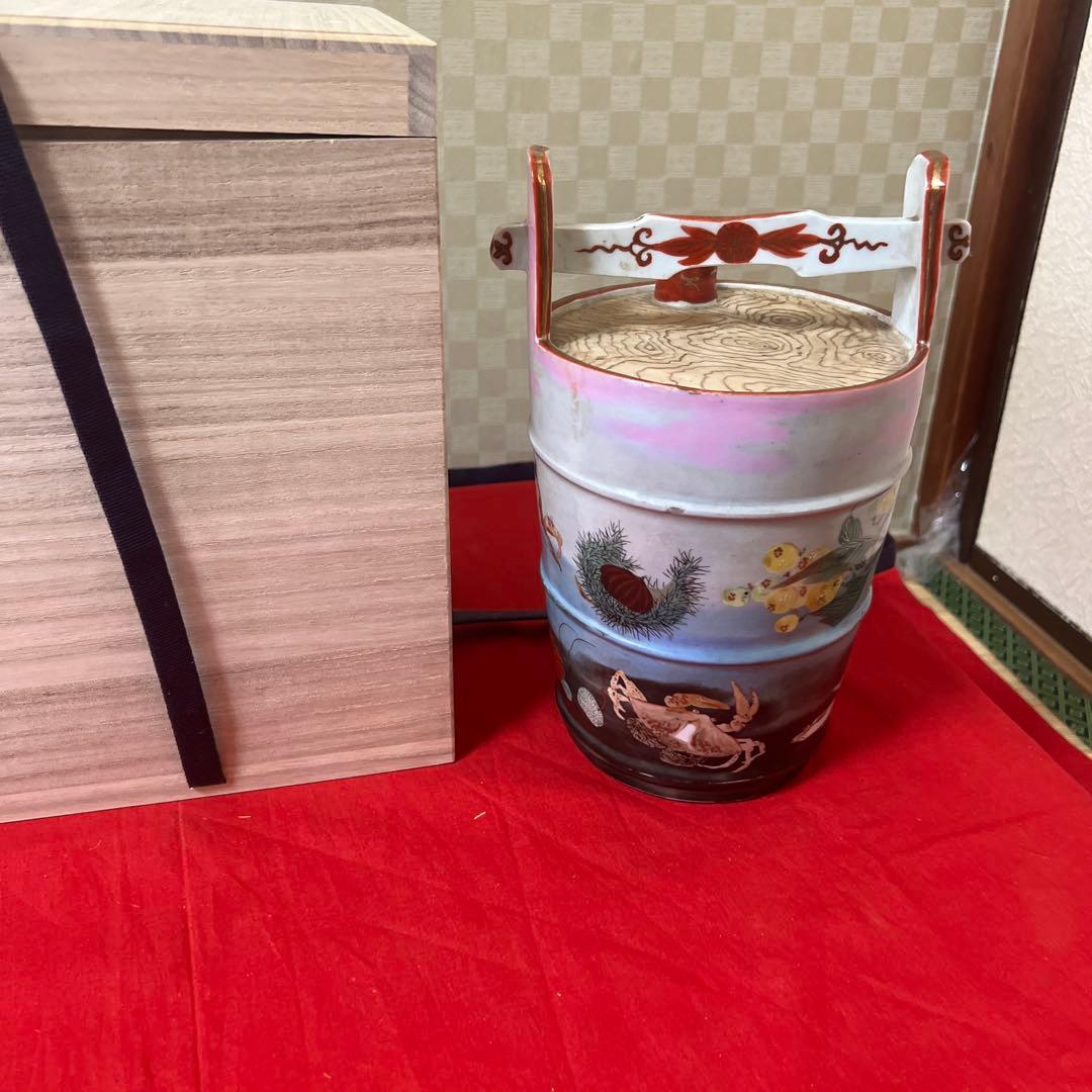 明治期超絶品九谷焼最高絵付　魚野菜尽くし手桶形水指　本物保証　逸品！