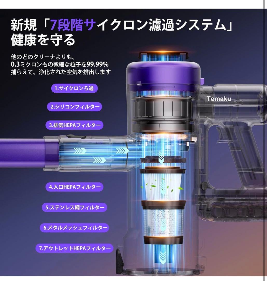コードレス掃除機 80KPa超強力吸引 65分稼働 自立式 静音