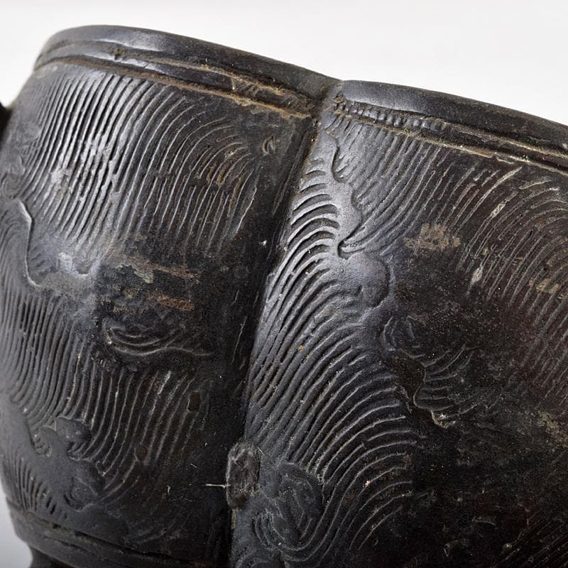 中国　古銅　波刻　木瓜形双耳香炉　M　R8837