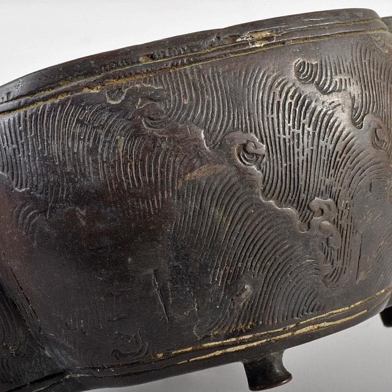 中国　古銅　波刻　木瓜形双耳香炉　M　R8837