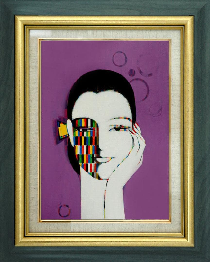 油絵 菅家令子 絵 絵画インテリア額付(青緑＋金色の枠) F6-082211女性