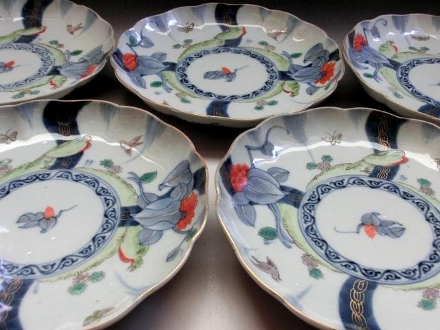 皿■角福 色絵花鳥紋捻子皿 5枚 古伊万里(江戸後期～明治期)時代物 古い骨董