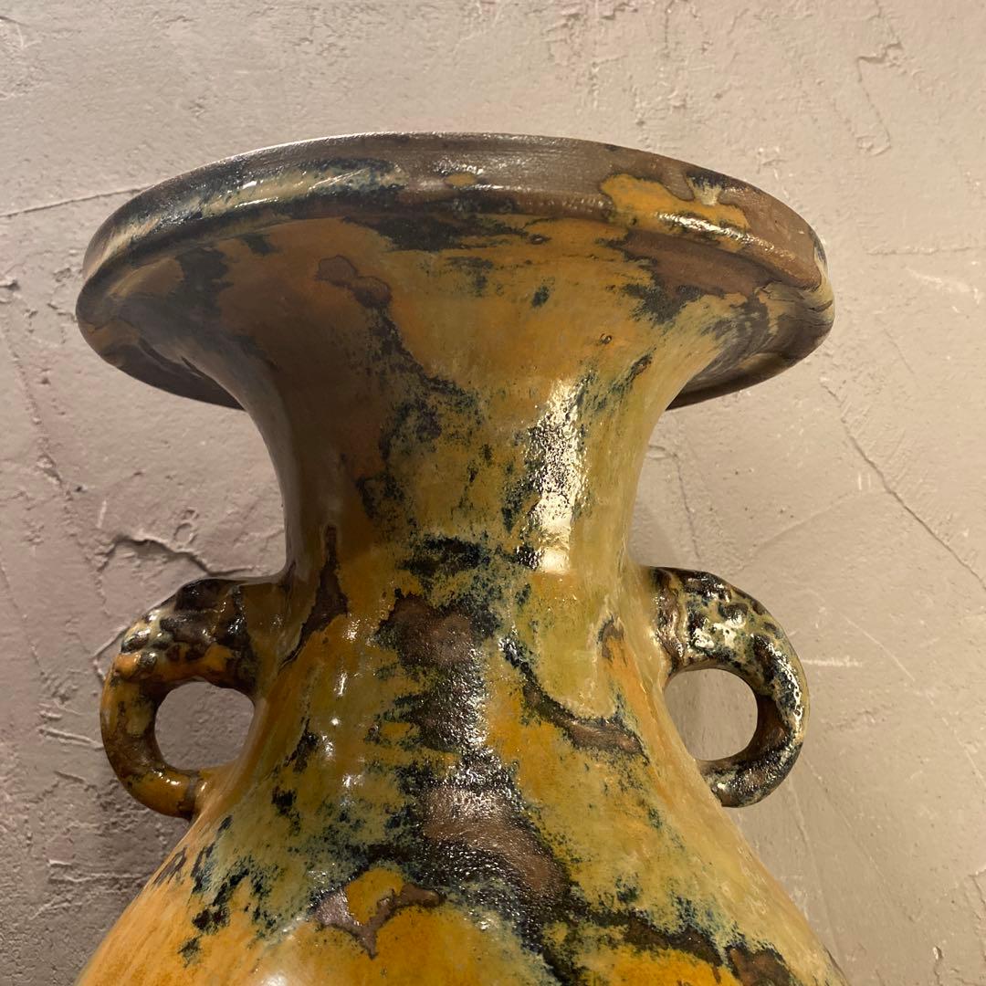 民陶 小鹿田焼 流釉 双耳広口大壺 花器 インテリア 骨董品