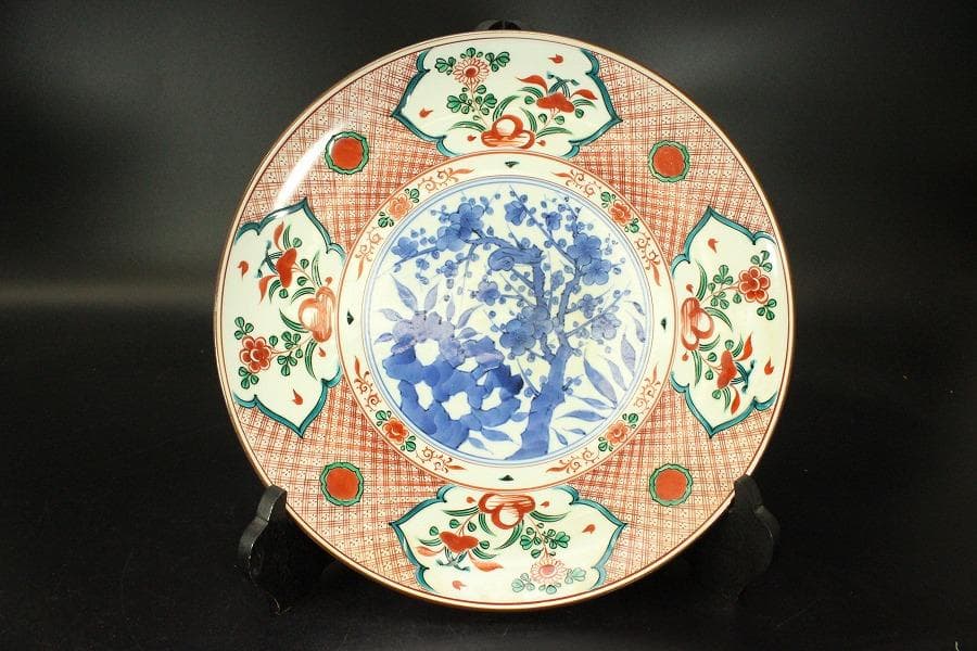 九谷 呉須赤絵 飾皿 φ32.2cm 共箱 作家物 未使用(ZE593)