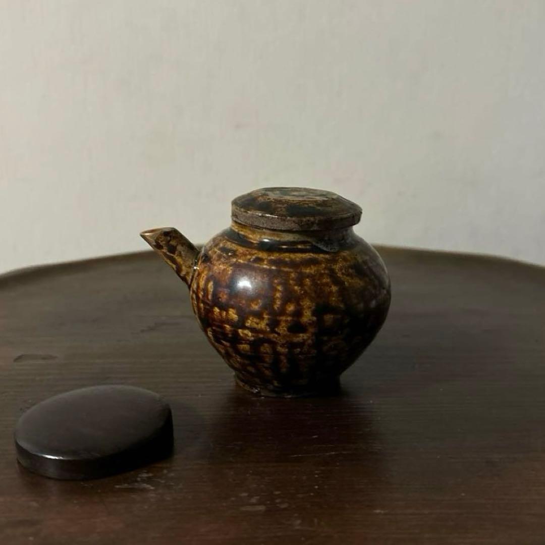 李朝飴釉薬蓋つき注ぎ口　酒器　煎茶　花入　アンティーク　古美術　骨董　　古美術