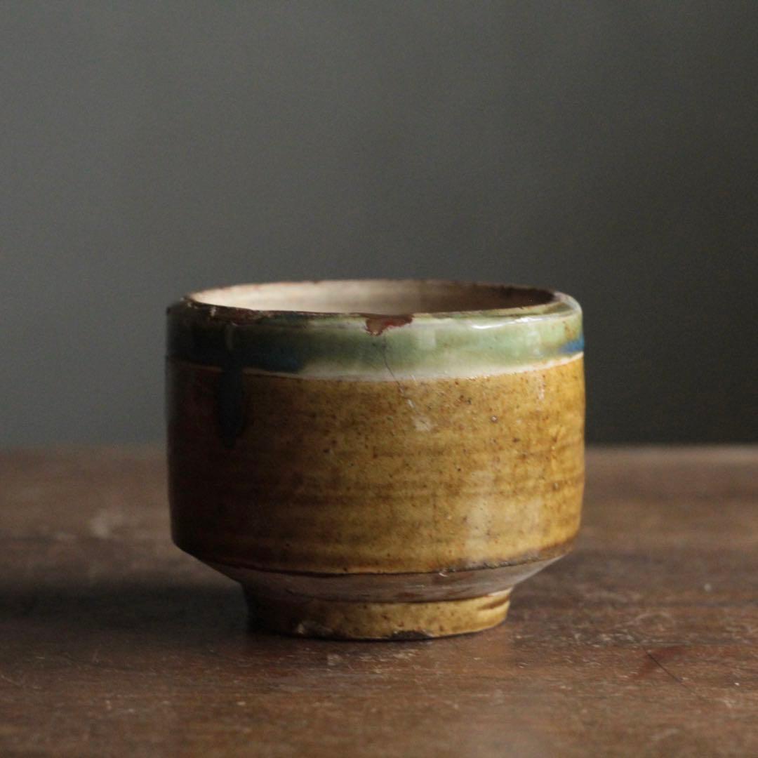 壺屋焼 緑掛け飴釉 火入 筒茶碗 古道具 アンティーク