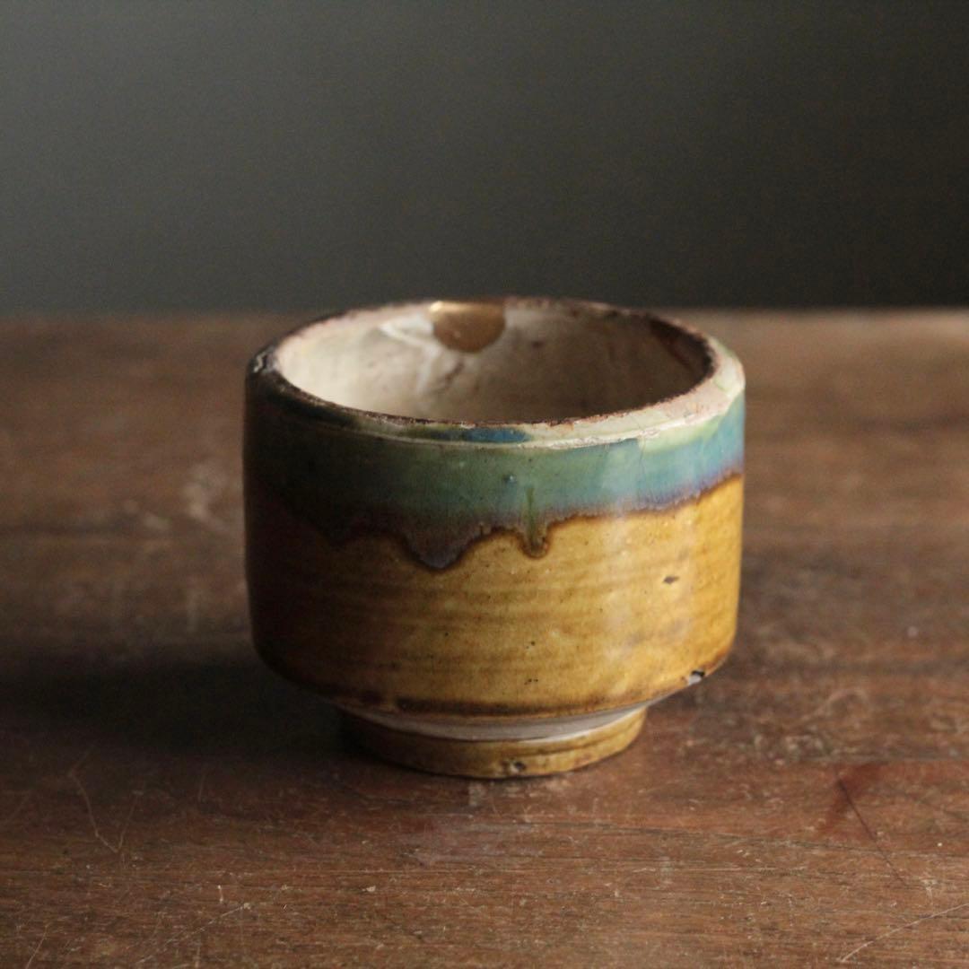 壺屋焼 緑掛け飴釉 火入 筒茶碗 古道具 アンティーク
