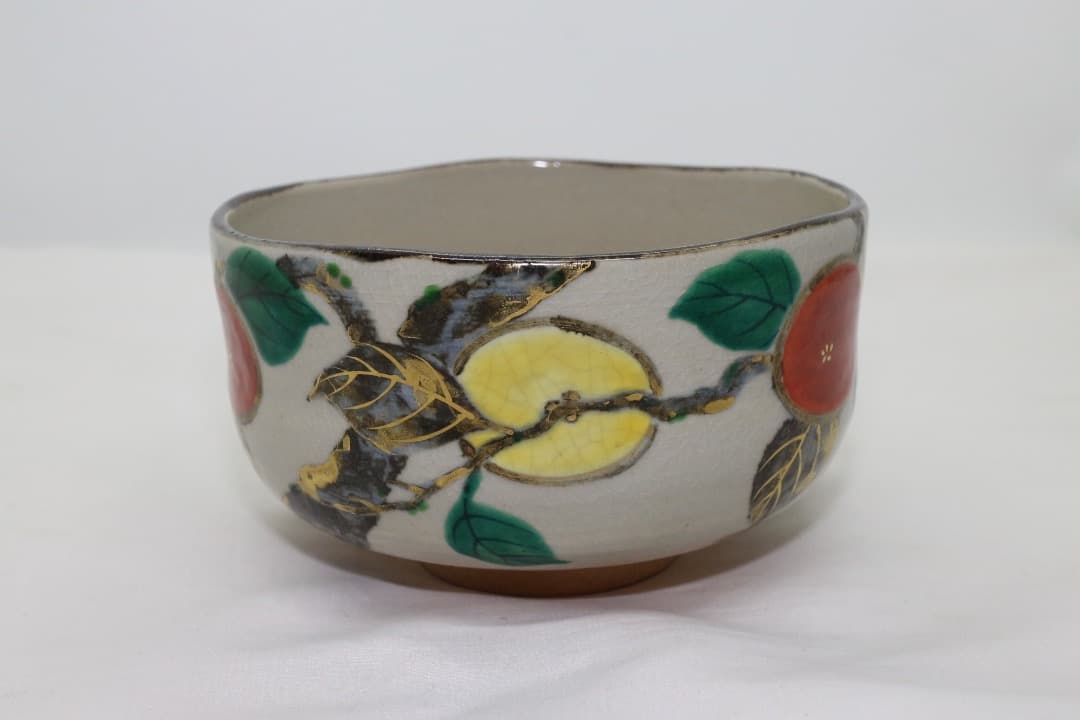 京焼 中村秋峰 乾山写柿絵 金彩 茶碗 茶道具 共箱 共布