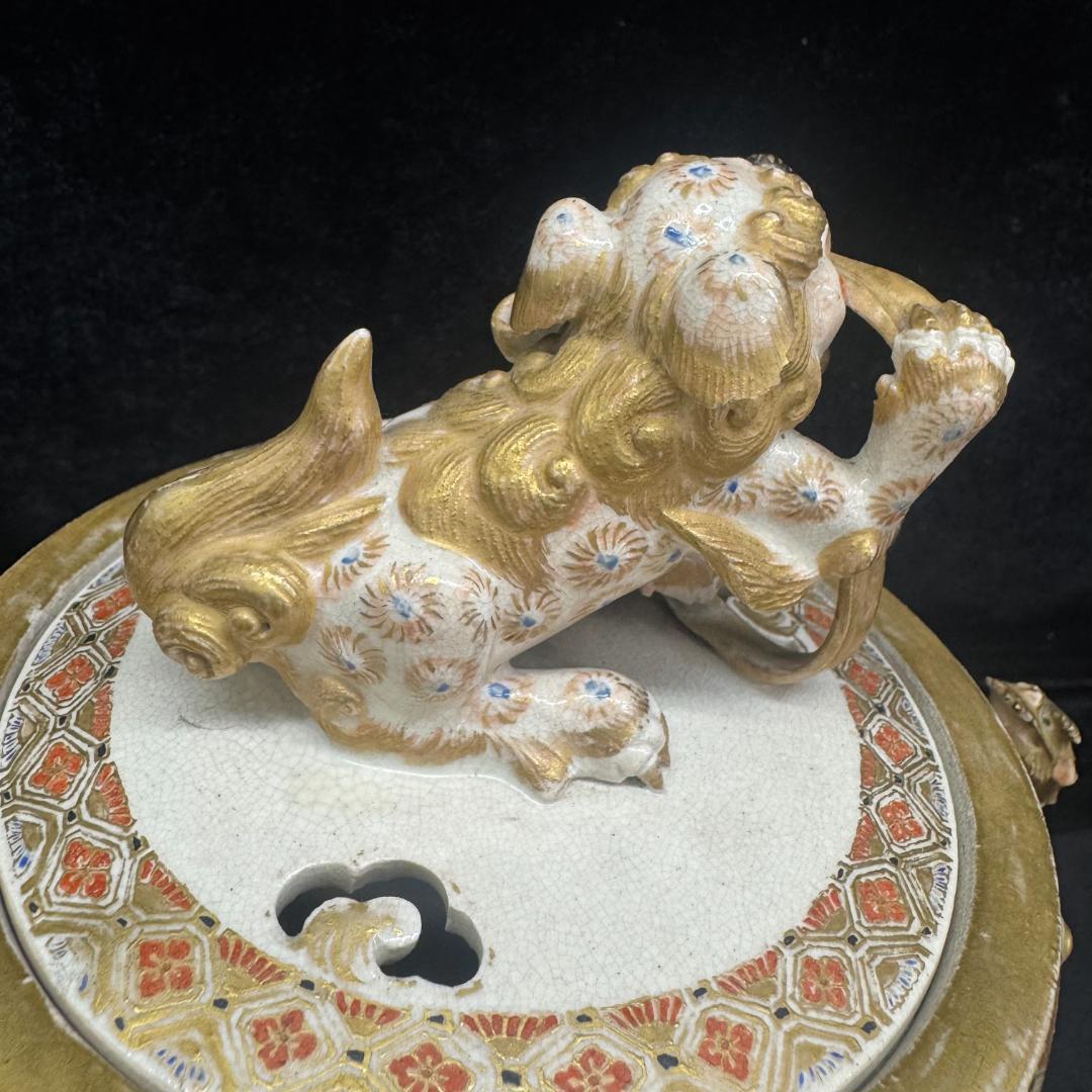 希少！薩摩焼 武将図 金彩香炉 獅子摘 古薩摩 箱付 名家旧蔵 明治時代 耳キズ