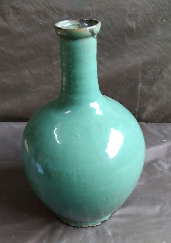 骨董　青緑色　細首　丸大壺
