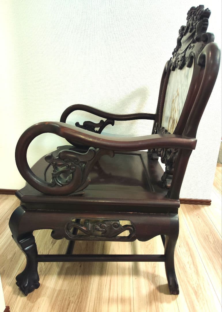 残り2脚　希少骨董　 大理石インレイ椅子　玉座　宮廷　紅木　紫檀　黒檀花梨李朝①