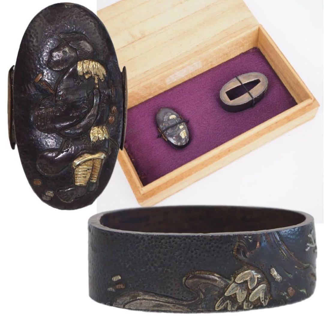 送料無料　江戸時代　金銀象嵌　縁頭　刀装具　木箱付　検/刀剣美術刀装具武具刀剣