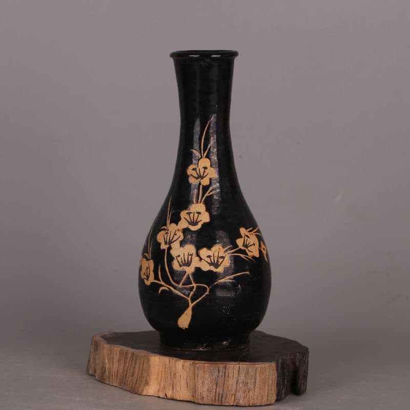 宋吉州窯黒釉彫花蒜頭瓶  景徳鎮 陶磁器 装飾品 工芸品 美術品 置物