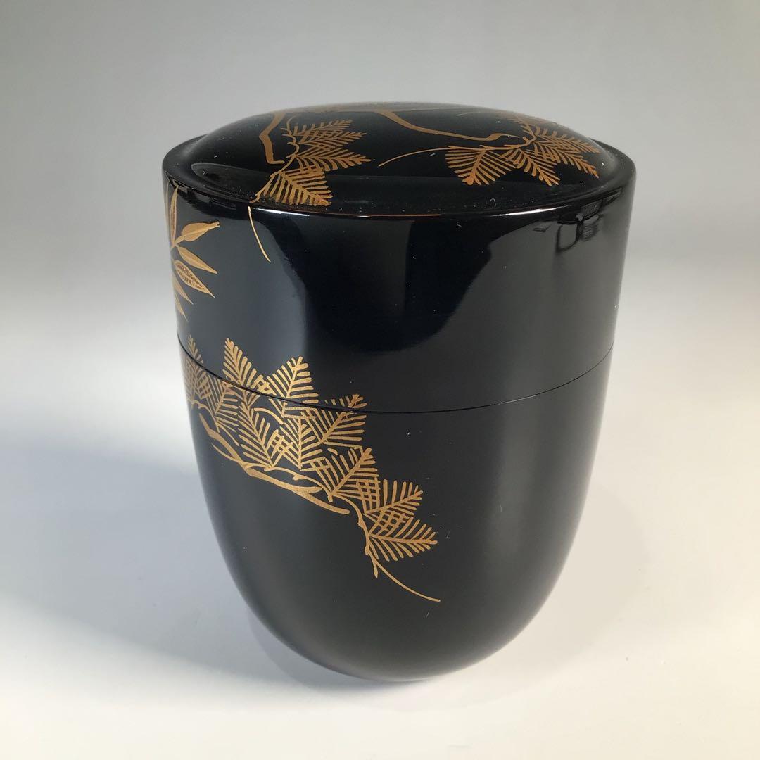 Ｍ８１１　茶入　『和田瑾斎作』『黒漆塗』『松竹蒔絵』『腰高茶入』　共箱　茶道具