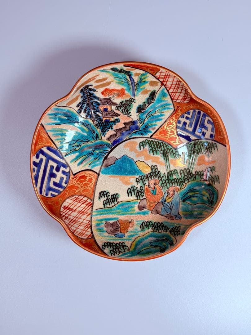 九谷焼　九谷庄三作　色絵風景図変形皿　五客　竹林賢人　窓絵　こだわりの器　手描き