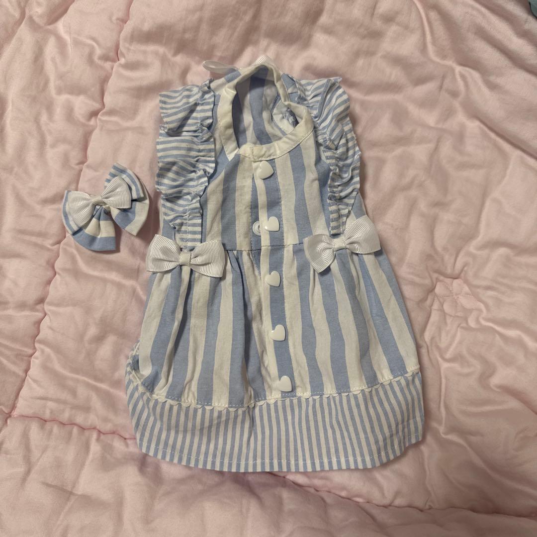 ピコネ　ペット服 水色ストライプドレスとリボン