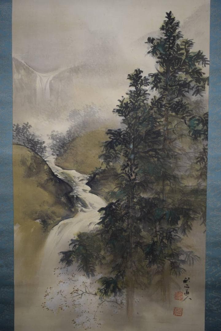 真作/奥谷秋石/春景山水図/桐共箱二重箱/布袋屋掛軸HF-792