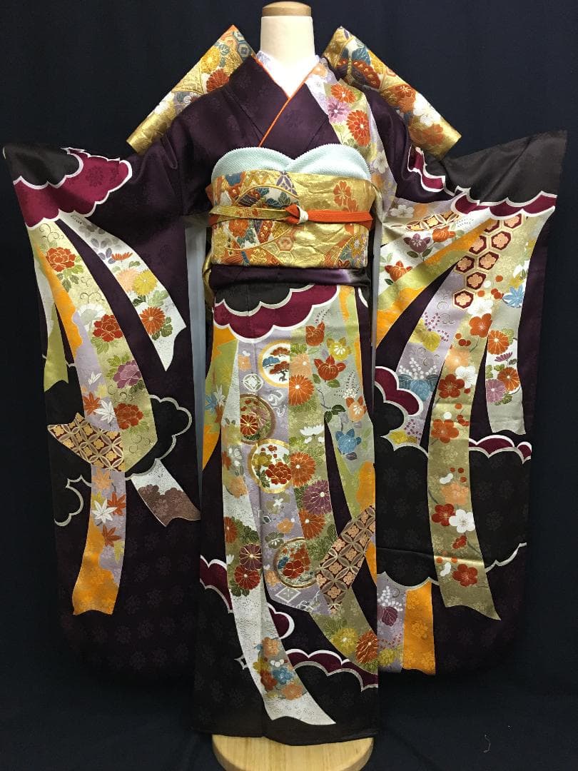 京友禅 深紫 熨斗柄雲取 振袖 毬柄佐賀錦袋帯フルセット