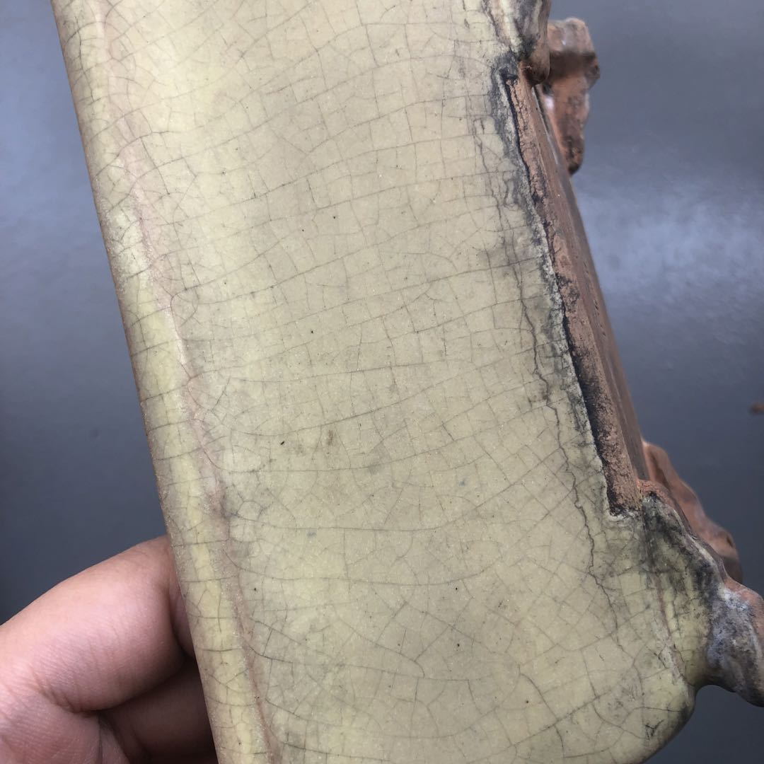 170.周寶山 黄釉雲足長方鉢 盆栽鉢 植木鉢 18*12.5*7.5cm