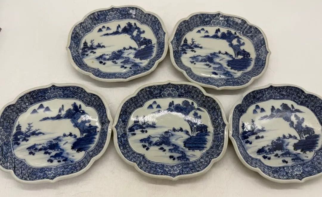 中国　染付　山水人物紋　菱型皿5点　玉玩製　送料込み251112