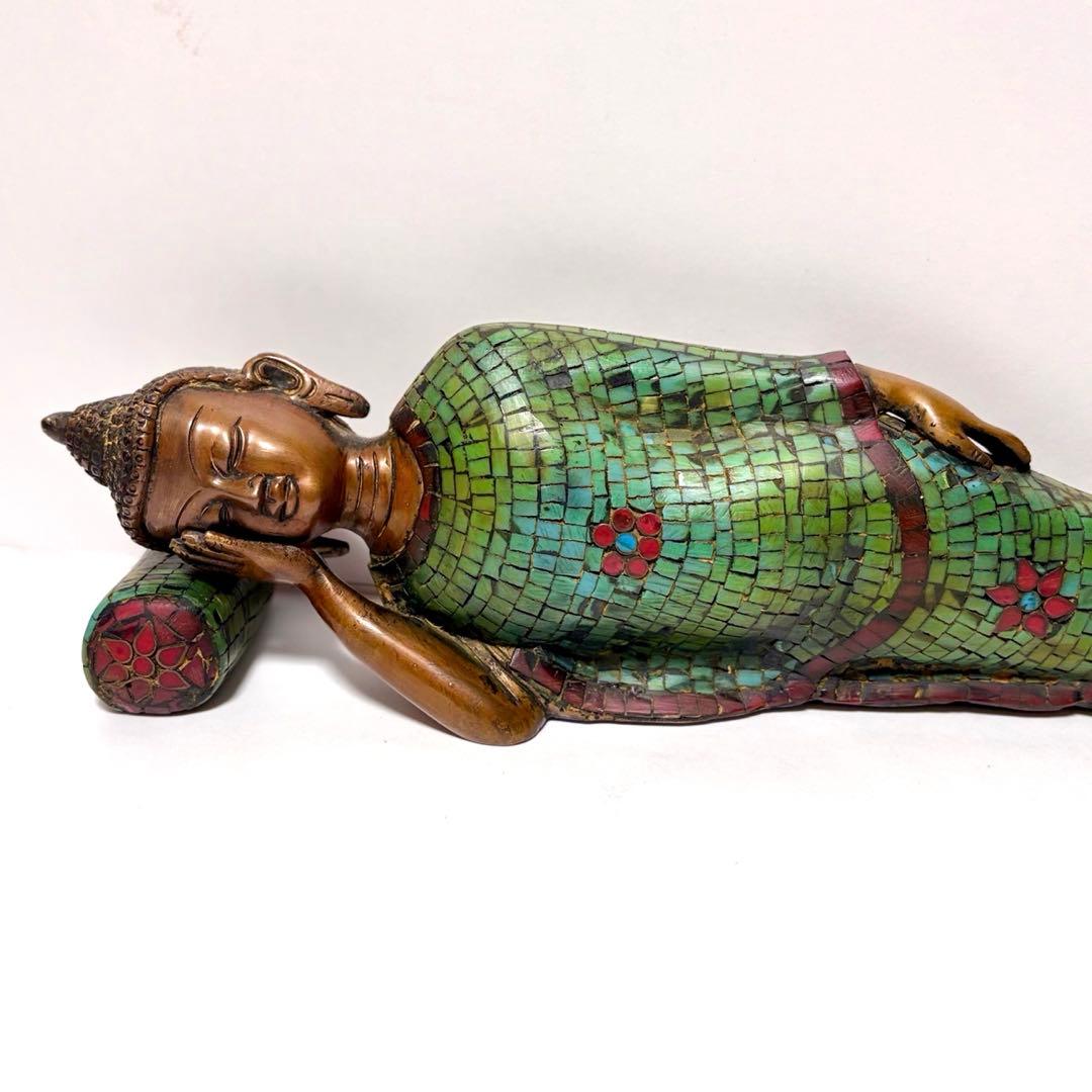 チベット仏教のブロンズ銅製眠る仏陀釈迦牟尼釈迦牟尼如来像グリーンターコイズス涅槃