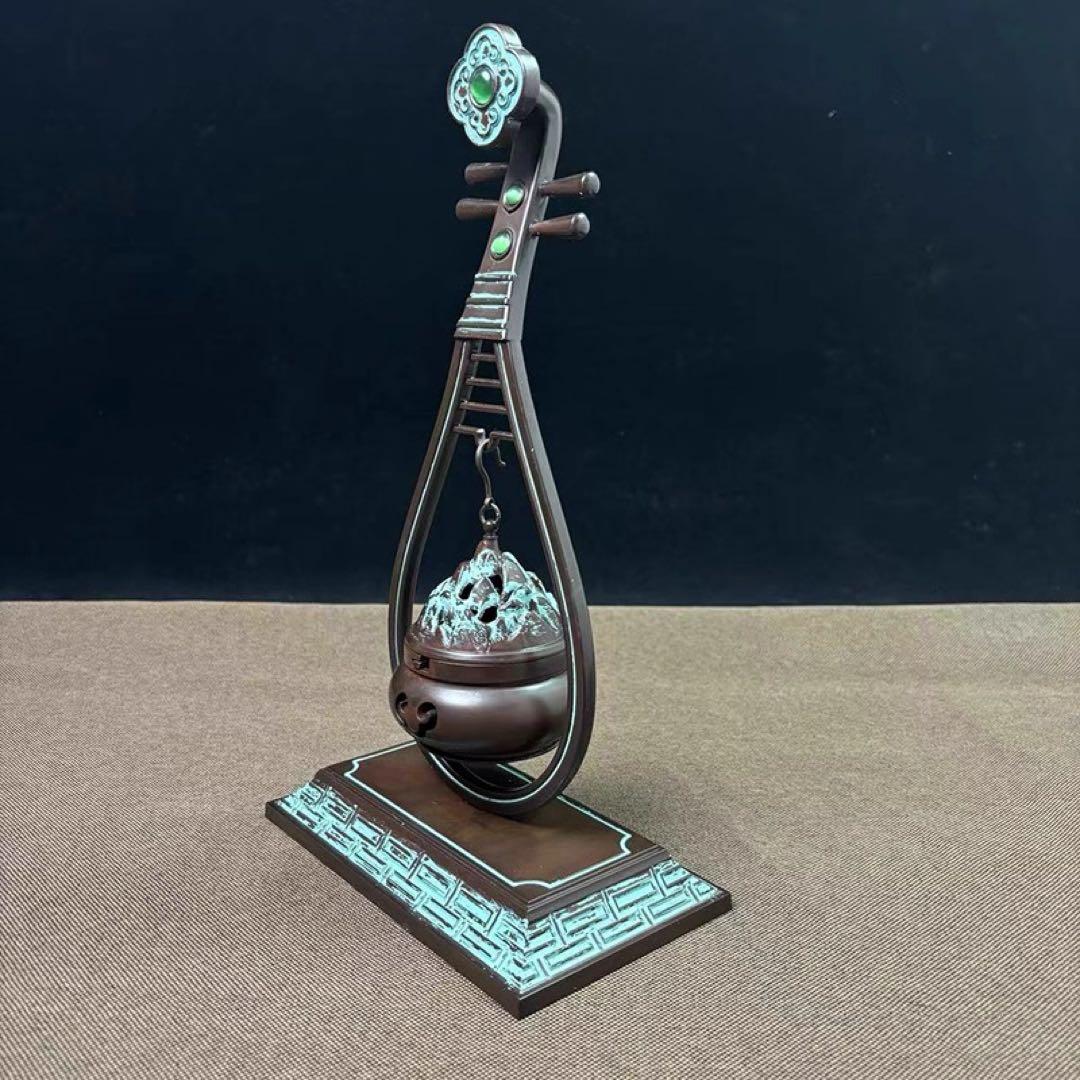 銅製 象嵌宝石琵琶弔炉 薫香炉 客間茶室掛炉 銅炉 美品 装飾品 工芸品 置物
