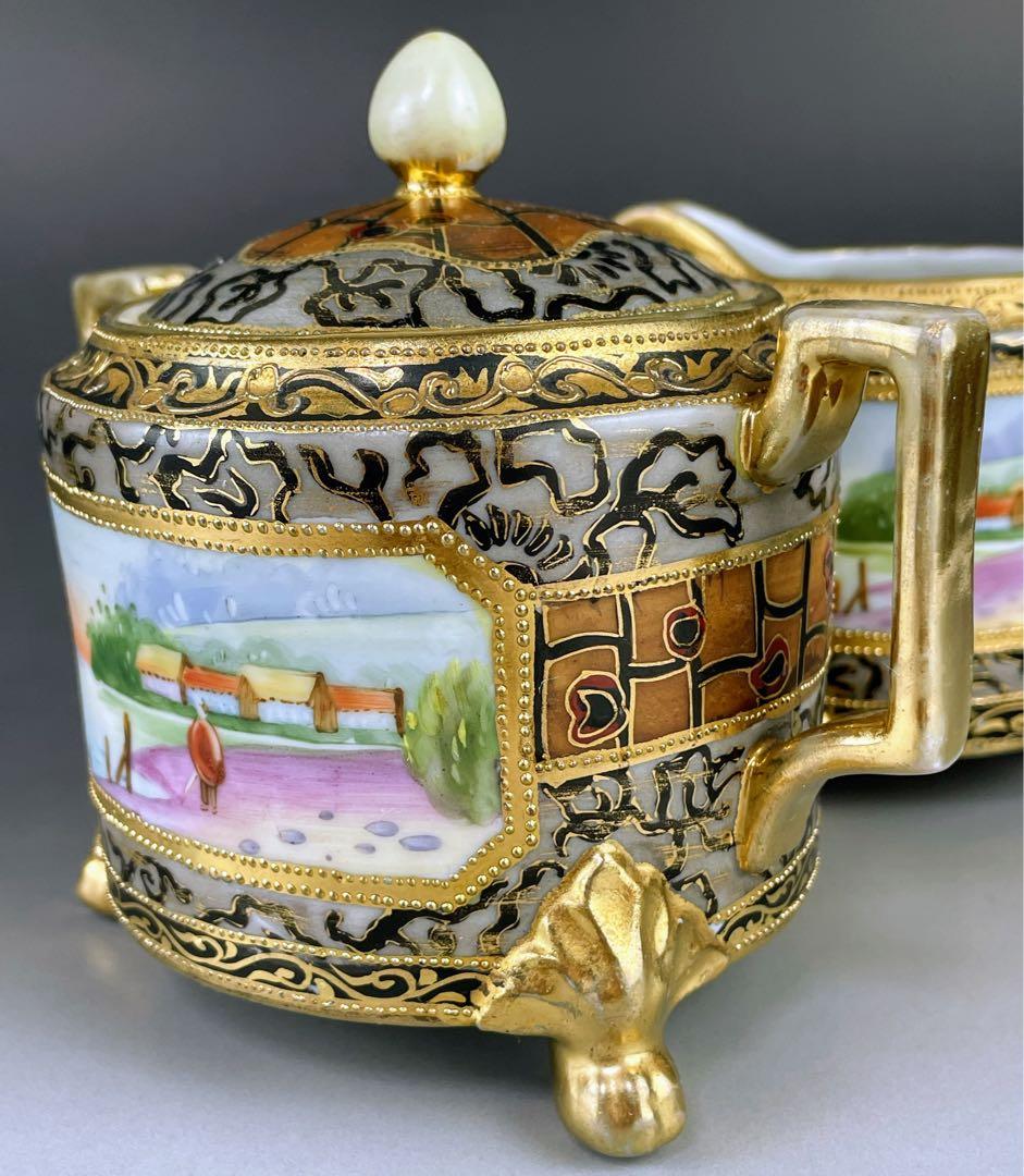 【希少】オールドノリタケ アールヌーボー様式 風景紋 シュガーボウル クリーマー