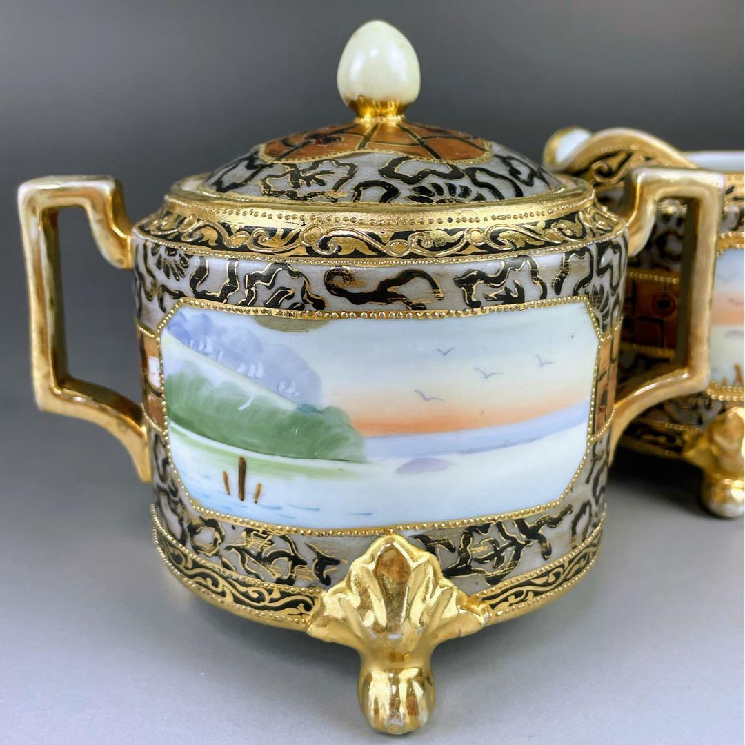 【希少】オールドノリタケ アールヌーボー様式 風景紋 シュガーボウル クリーマー