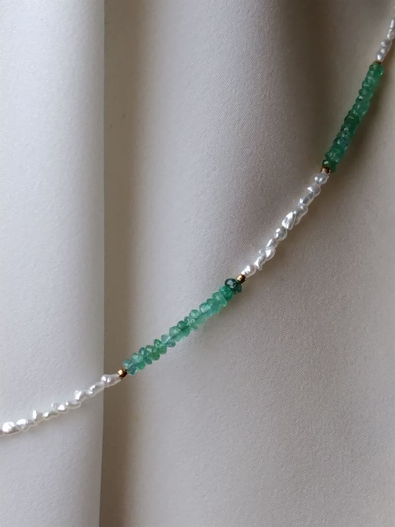 K18 エメラルド、あこや真珠芥子パール ネックレス