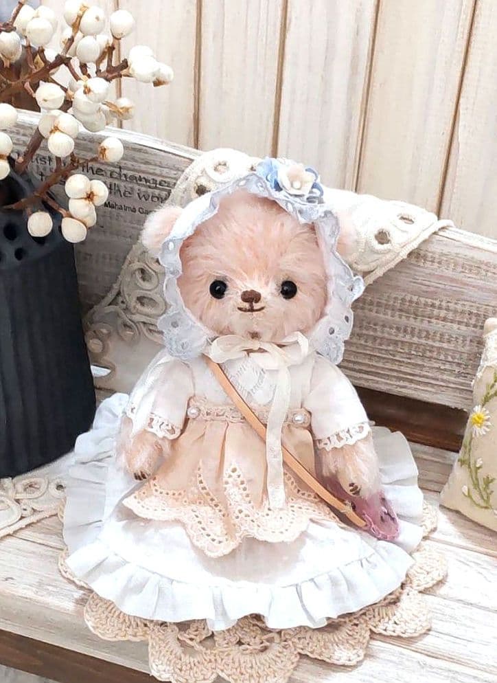 ハンドメイド テディベア ディストレスモヘア ローズ色 手作り