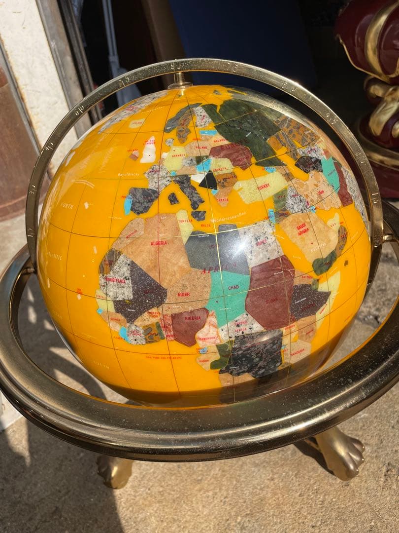 イエロー 黄色 方位磁石付き 天然石 アンティーク 地球儀 インテリア