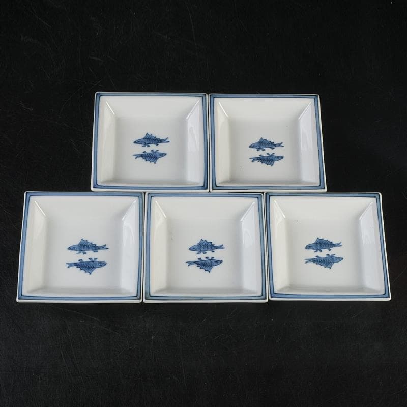 和食器　有田焼　館林源右衛門　染付　魚文　四方銘々皿　五客　共箱　V　R9102