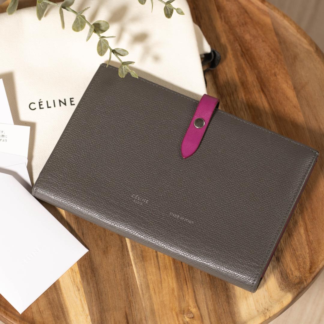 【美品】セリーヌ ラージストラップウォレット 長財布 グレー バイカラー レザー