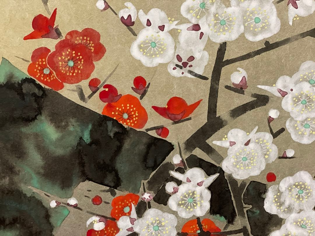 紅白梅 後藤志朗 板絵 日本画