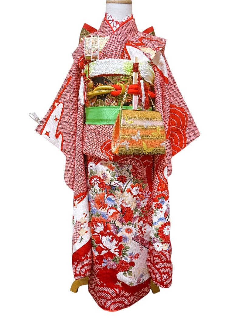 鹿の子柄♡七五三　7歳　女の子　フルセット　一式　赤系　ゴールド　黒