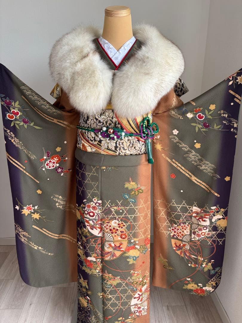 ⭐️振袖フルセット（７点）　正絹振袖　成人式　モスグリーン系