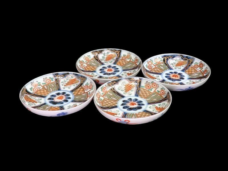 古伊万里　色絵　割絵　花の図　４寸皿　４枚　3164AS-CWu