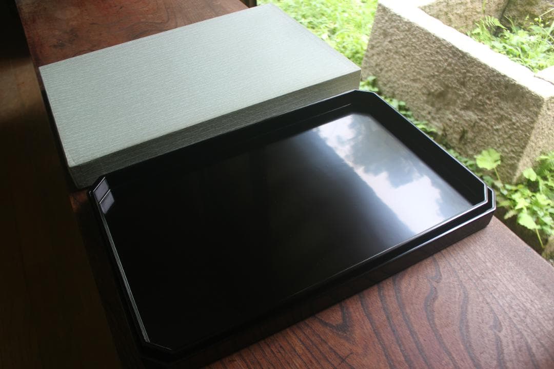 デッドストック！上質黒漆の美しい隅切長方盆大小セット（輪島塗漆器漆盆お膳