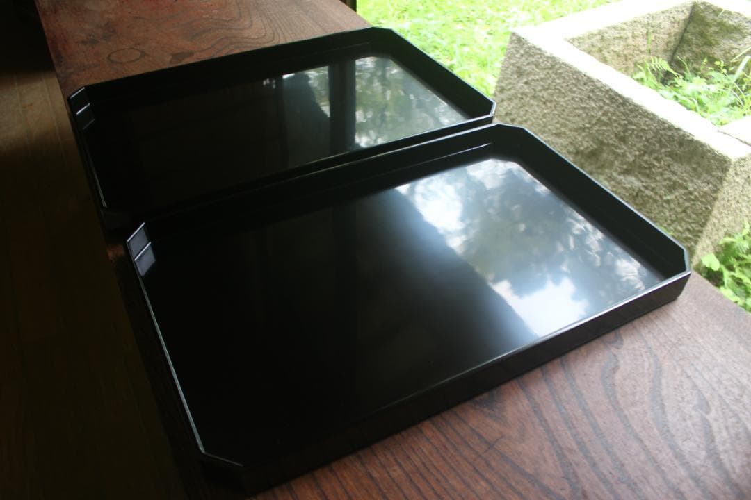 デッドストック！上質黒漆の美しい隅切長方盆大小セット（輪島塗漆器漆盆お膳