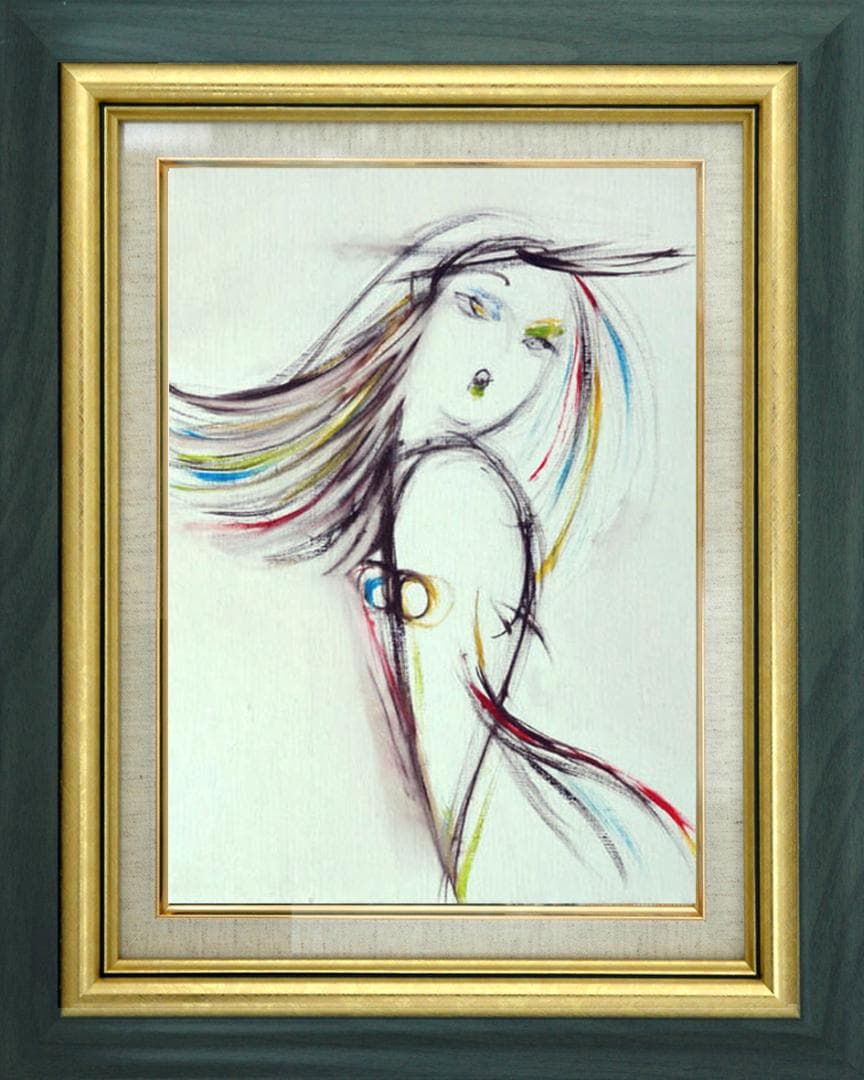 油絵 菅家令子 絵 絵画インテリア額付(青緑＋金色の枠) F4-080214女性