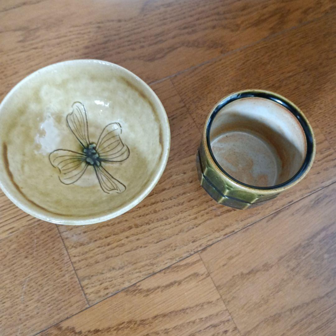 加藤伸也 黄瀬戸家紋茶碗 織部面取湯呑