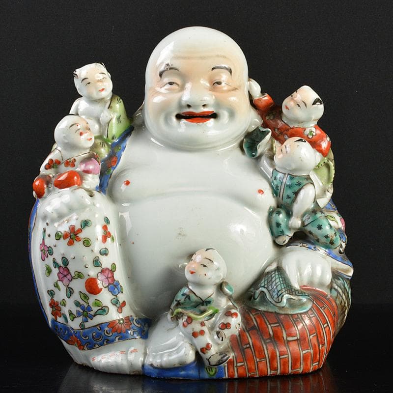 中国　景徳鎮　粉彩　布袋唐子像　置物　H　R6992