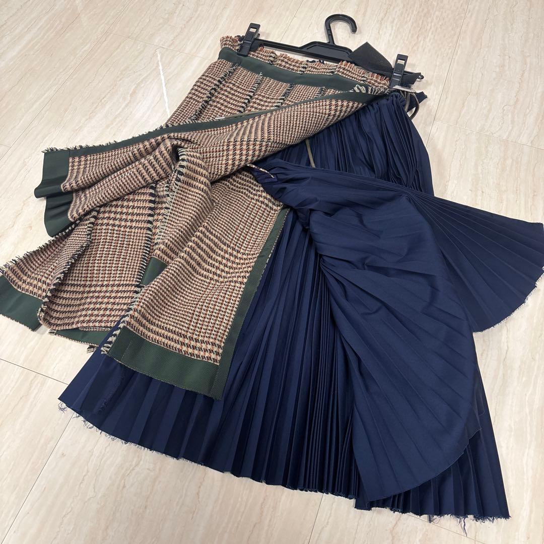 sacai 巻きスカート　プリーツスカート ネイビー チェック柄