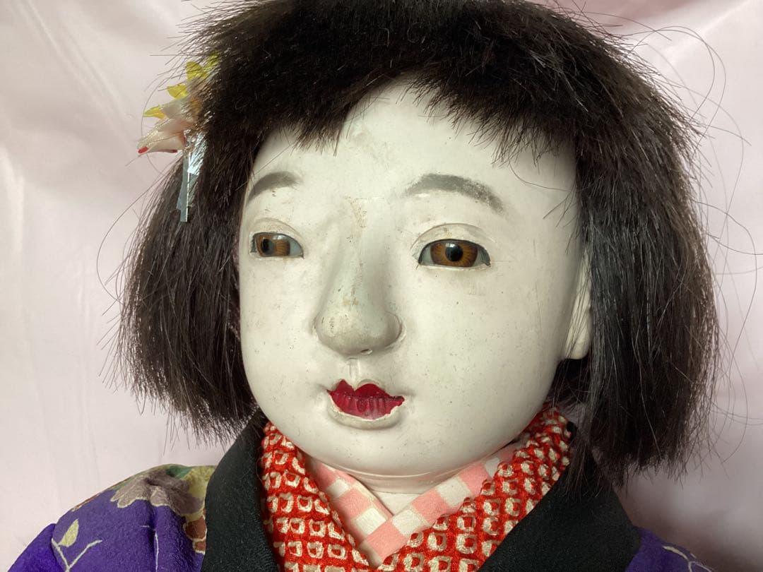 市松人形 ビスクドール昭和レトロ　吹子付き　座布団付　ガラス眼　人毛　抱き人形