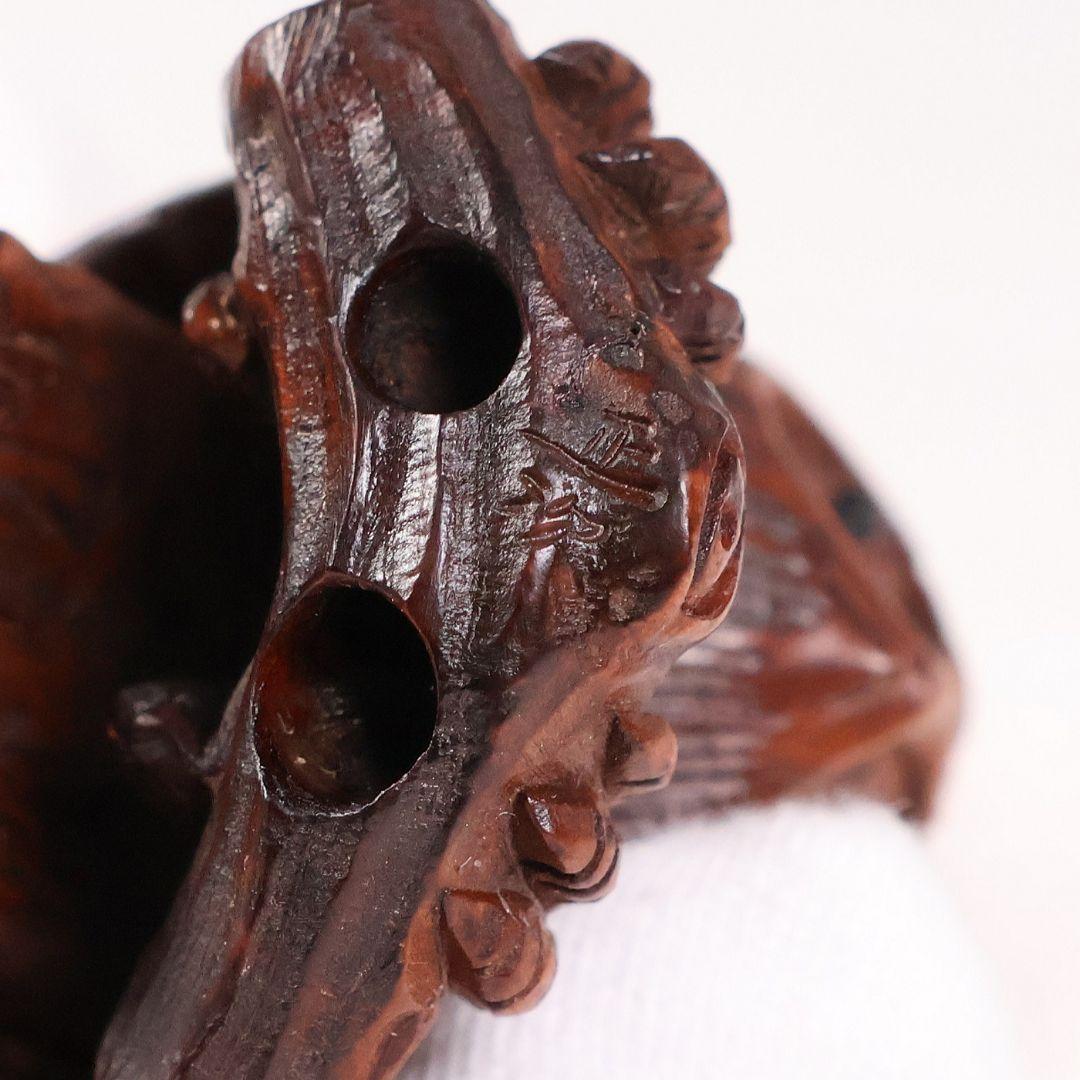 木製 提物 根付 正次(銘) 梟 ふくろう 彫刻 木彫り【MA923】