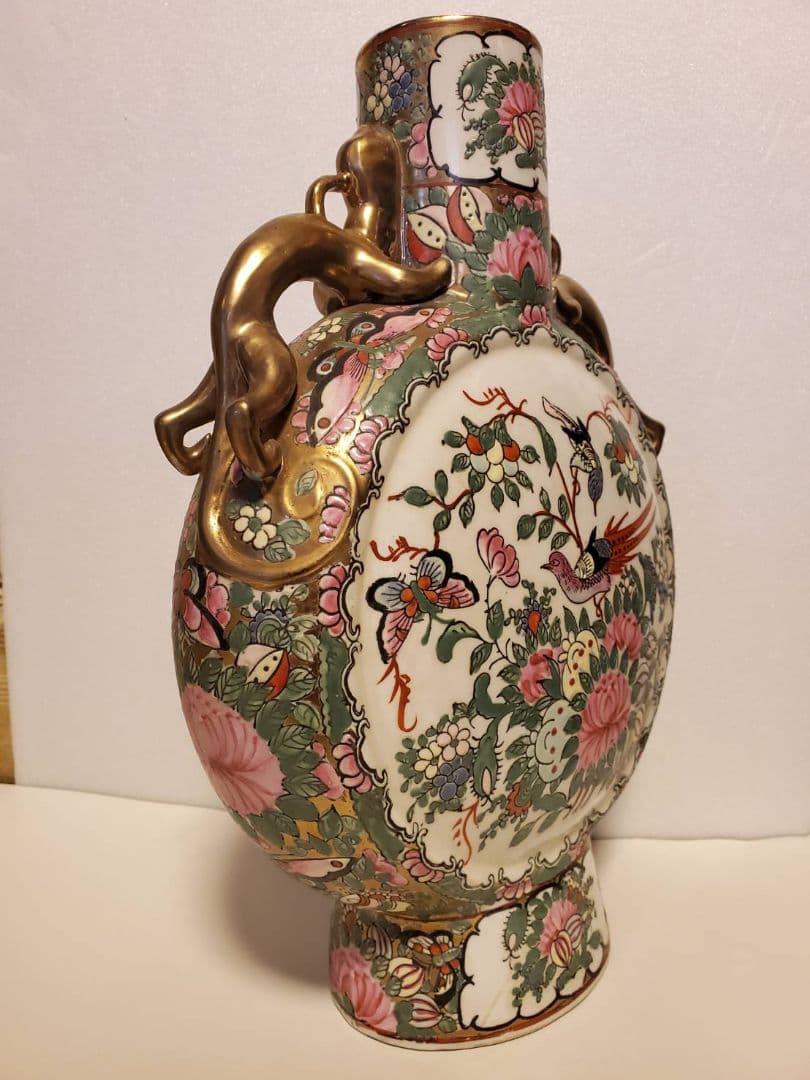 中国古玩　大清乾隆年製　扁壺　粉彩花鳥図双龍耳　花瓶