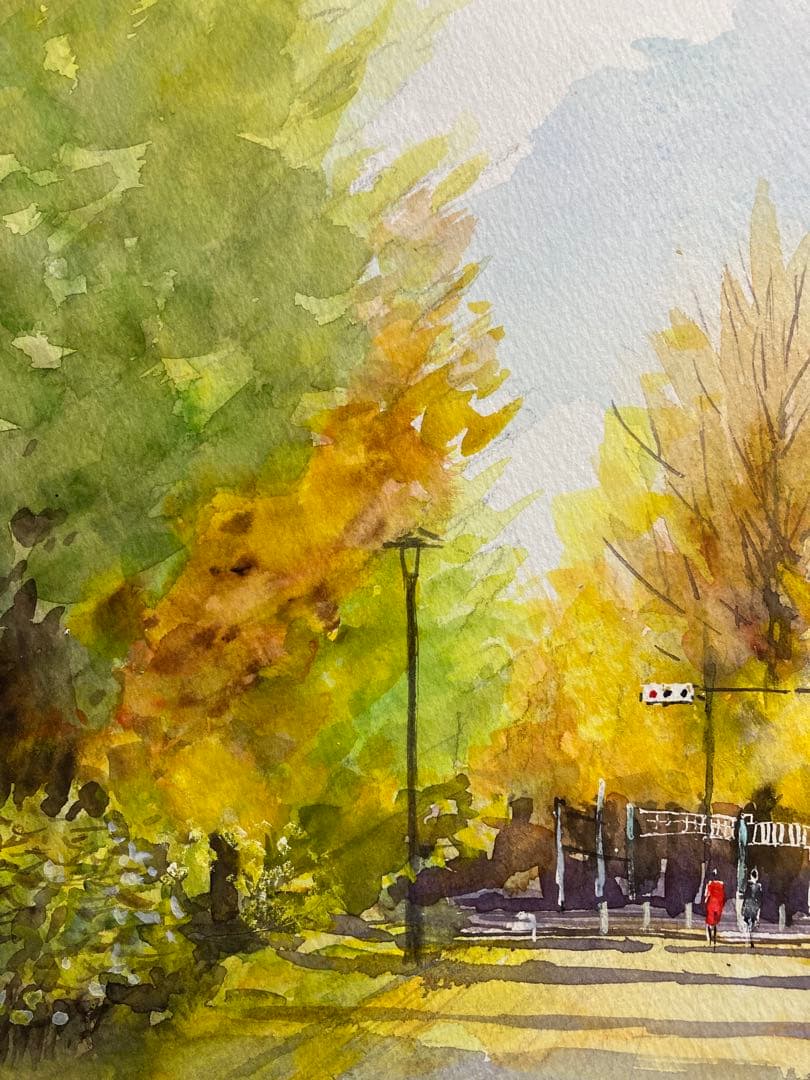 1055☆水彩画原画　風景画　［銀杏並木紅葉］