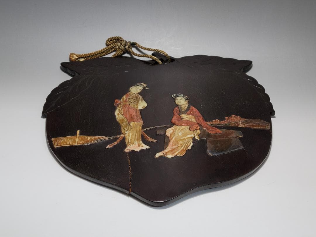 唐木製 寿山石 象嵌 女人図 木板 高さ約30.3cm