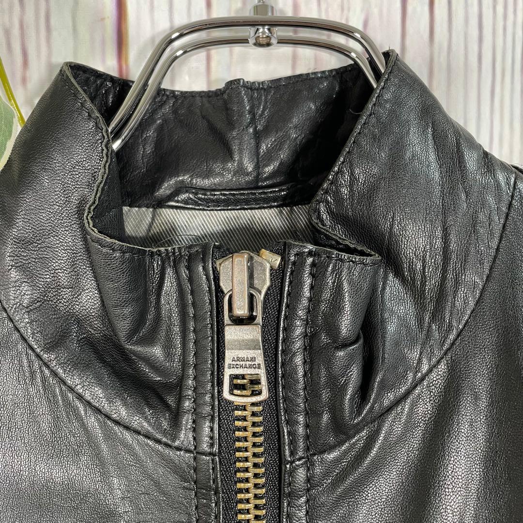 【美品】アルマーニエクスチェンジレザージャケット　シングル　黒　金属ロゴ　ヤギ革