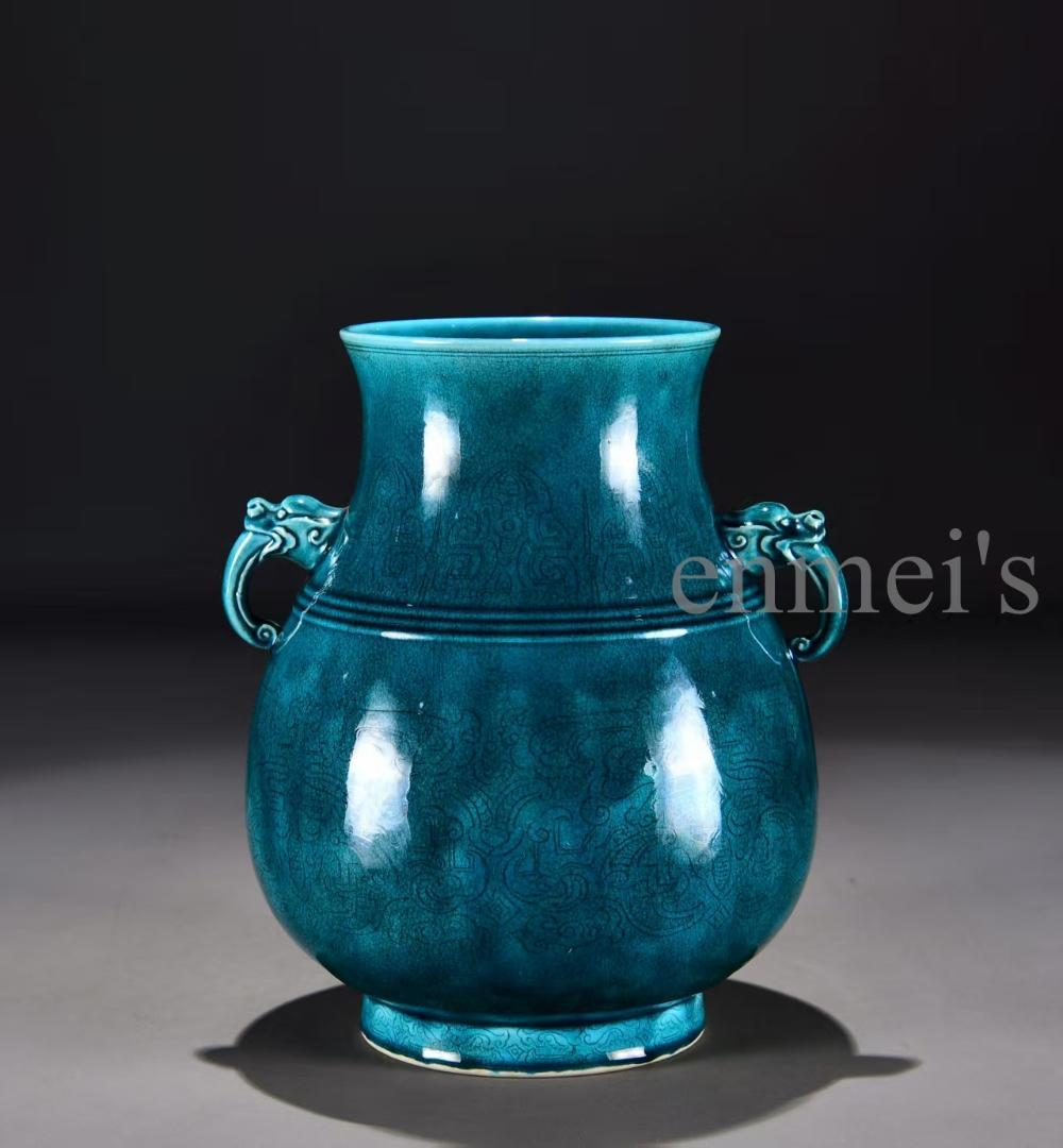 中国古美術 清雍正款 孔雀青釉 暗刻 花瓶 広口壺 古陶磁 骨董品 唐物 古玩